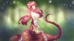  :d bikini breasts dreampaw fang hair_ornament hairclip highres lamia large_breasts long_hair miia_(monster_musume) monster_girl monster_musume_no_iru_nichijou navel open_mouth orange_eyes pointy_ears red_hair scales slit_pupils smile solo swimsuit very_long_hair yellow_bikini 