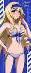  :o absurdres ass_visible_through_thighs bangs bare_arms bare_shoulders bikini blonde_hair blue_background blue_eyes blue_hairband blush breasts cecilia_alcott cleavage collarbone copyright_name cowboy_shot drill_hair eyebrows_visible_through_hair front-tie_top full-face_blush hairband halterneck hand_on_hip highres huge_filesize infinite_stratos lolita_hairband long_hair looking_at_viewer medium_breasts navel o-ring o-ring_bikini o-ring_bottom official_art open_mouth parted_lips purple_bikini scan simple_background solo standing swimsuit twin_drills 