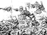  abukuma_(kantai_collection) boots cannon delphinus greyscale hair_ribbon kantai_collection kinu_(kantai_collection) long_hair machinery monochrome multiple_girls pleated_skirt ribbon school_uniform serafuku short_hair skirt splashing standing standing_on_liquid tied_hair turret twintails very_long_hair yura_(kantai_collection) 