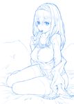  blue chocolate hairband idolmaster idolmaster_cinderella_girls long_hair monochrome mouth_hold mushi024 off_shoulder sagisawa_fumika sitting solo thighhighs yokozuwari 