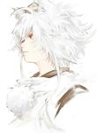  albino animal_ears hat inubashiri_momiji lips parted_lips pom_pom_(clothes) portrait profile shirt short_hair simple_background solo string tokin_hat touhou touya_(tottoo-to) white_background white_hair wolf_ears yellow_eyes 