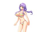  1girl bikini breasts brown_eyes cleavage game_cg highres hijiri_kotoko huge_breasts legs long_hair looking_at_viewer mainichi_shabutte_ii_desu_ka? mochizuki_nozomu navel purple_hair simple_background solo standing swimsuit thighs white_background 