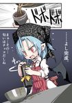  apron bat_wings blue_hair blush bowl chocolate comic headwear noya_makoto open_mouth pointy_ears red_eyes remilia_scarlet ribbon short_hair solo sweat tenugui thermos touhou translated valentine wings 