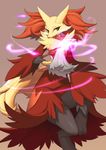  bad_pixiv_id delphox fire fur furry gen_6_pokemon magic no_humans pokemon pokemon_(creature) purple_fire red_eyes solo stick wadani_hitonori 
