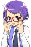  1girl adjusting_eyewear bespectacled blush dokidoki!_precure glasses kenzaki_makoto minatsuki_randoseru necktie precure purple_eyes purple_hair red-framed_eyewear short_hair surprised upper_body vest 