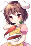  :q animal_ears apron blush brown_hair bunny_ears carrot chocolate dress flying_sweatdrops focused inaba_tewi looking_at_viewer morinaga_kobato pink_dress red_eyes short_hair solo stirring tongue tongue_out touhou 