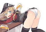  alcohol ass beer beer_mug blonde_hair blush cup drunk fuji_fujino gloves hat holding holding_cup kantai_collection long_hair panties peaked_cap prinz_eugen_(kantai_collection) smile solo tears thighhighs twintails twitter_username underwear uniform white_panties 