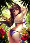  andy_h anthurium ass back bangs bikini bikini_under_clothes blush breasts bromeliad brown_hair cowboy_shot dappled_sunlight flower from_behind hairband hibiscus kasumigaoka_utaha leaf long_hair looking_at_viewer looking_back medium_breasts outdoors plant purple_bikini red_eyes ringed_eyes saenai_heroine_no_sodatekata see-through shirt_lift side-tie_bikini sideboob solo sunlight swimsuit swimsuit_under_clothes undressing very_long_hair wet 