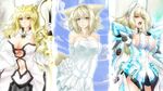  animal_ears armor armored_dress bare_shoulders blonde_hair blue_eyes breasts cleavage covered_navel covered_nipples crown dress fox_ears fox_tail gold highres huge_weapon jewelry juno_charis_(pso2) large_breasts looking_at_viewer minarai_tenna multiple_girls narulala navel necklace phantasy_star phantasy_star_online_2 red_eyes robot_ears shouting sparkle sword tail weapon wedding_dress wings 