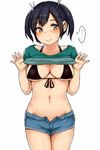  bikini bikini_top black_bikini black_hair blush breasts cleavage grey_eyes kantai_collection large_breasts lifted_by_self looking_at_viewer navel open_fly satsuki_neko shirt_lift short_hair short_shorts short_twintails shorts simple_background solo souryuu_(kantai_collection) stomach sweat sweatdrop swimsuit thighs twintails unzipped 