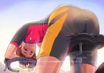  ass bent_over bicycle bike_shorts blz breasts brown_eyes brown_hair eyebrows from_behind ground_vehicle looking_back medium_breasts solo super_real_mahjong sweat toono_mizuki 
