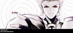  armor character_name earrings fate/stay_night fate_(series) gate_of_babylon gilgamesh hair_slicked_back jewelry male_focus red_eyes solo spot_color watermark web_address yaoshi_jun 