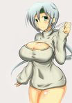  aqua_eyes bottomless breasts chitose_(kantai_collection) cleavage cleavage_cutout clenched_hand fujikusa hairband huge_breasts kantai_collection looking_at_viewer meme_attire open-chest_sweater ponytail silver_hair smile solo sweater 