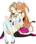  animal_ears bell black_legwear blue_eyes breasts brown_hair green_eyes houjou_hibiki hug hug_from_behind long_hair medium_breasts minamino_kanade minatsuki_randoseru multiple_girls panther_pink_(precure) precure sitting smile suite_precure thighhighs two_side_up wariza white_legwear yuri zettai_ryouiki 