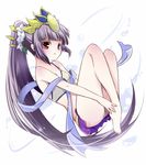  bare_legs barefoot bikini blush body_blush breasts cleavage flower hair_flower hair_ornament hair_stick headpiece leaf legs_folded lily_(flower) long_hair parted_lips ponytail purple_hair puzzle_&amp;_dragons red_eyes small_breasts solo swimsuit takoyaki_kenken very_long_hair yomi_(p&amp;d) 