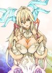  bad_id bad_pixiv_id blonde_hair blue_eyes breasts cleavage horns huge_breasts long_hair looking_at_viewer puzzle_&amp;_dragons sakuya_(p&amp;d) solo zutta 