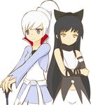 black_hair blake_belladonna blue_eyes bow crossed_arms dress hair_bow multiple_girls ponytail ribbon rong_rong rwby simple_background smile weiss_schnee white_background white_hair yellow_eyes 