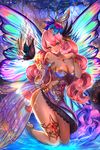  bare_shoulders barefoot blue_eyes breasts bug butterfly butterfly_wings chain_chronicle cleavage dress hair_ornament insect jewelry long_hair medium_breasts multicolored multicolored_wings original pink_hair rua_(k-tie) solo very_long_hair water wings 
