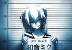  :p bai_yemeng blood chain character_name earrings hatsune_miku head_tilt height_chart holding holding_sign jewelry long_hair monochrome mugshot scar scar_across_eye shirt sign solo striped striped_shirt tongue tongue_out twintails vocaloid 