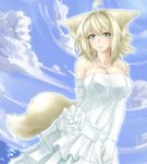  animal_ears bare_shoulders blonde_hair blue_eyes blue_sky breasts cleavage cloud cloudy_sky collarbone day dress elbow_gloves flower fox_ears fox_tail gloves hair_intakes highres jewelry large_breasts looking_at_viewer minarai_tenna narulala necklace phantasy_star phantasy_star_online_2 short_hair sky smile solo sparkle tail wedding_dress 