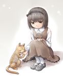  :/ animal bad_id bad_pixiv_id biting brown_dress cat child copyright_request dress frilled_sleeves frills full_body hairband hand_on_own_knee jitome long_sleeves mary_janes pantyhose shirt shoes sitting sleeveless sleeveless_dress white_legwear yuyuzuki_(yume_usagi) 