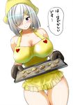  apron blue_eyes blush breasts cleavage cookie food hair_ornament hair_over_one_eye hairclip hamakaze_(kantai_collection) head_scarf kantai_collection large_breasts naked_apron oven_mitts perepere-kun short_hair silver_hair simple_background solo thigh_gap translated tray white_background yellow_apron 