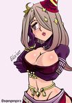  bad_id bad_pixiv_id belly_chain blush bracelet breast_hold breasts character_name cleavage crescent elbow_gloves eloise_(the_legend_of_legacy) gengoro_akemori gloves groin hair_ornament hair_over_one_eye halterneck hat jewelry large_breasts lips midriff mini_hat navel purple_eyes side_slit silver_hair skirt solo the_legend_of_legacy twitter_username 