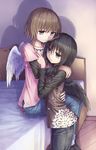  bad_id bad_pixiv_id bed black_wings feathered_wings hug multiple_girls original white_wings wings yuri yuyuzuki_(yume_usagi) 