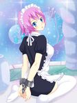  1girl apron ass blue_eyes bondage breasts chains fairy_tail feet large_breasts looking_at_viewer maid maid_headdress no_shoes nude pink_hair short_hair thighhighs virgo_(fairy_tail) white_legwear 