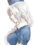  braid closed_eyes dress hair_over_shoulder hat lips long_hair nurse_cap parted_lips profile puffy_sleeves short_sleeves silver_hair simple_background single_braid solo touhou touya_(tottoo-to) upper_body white_background yagokoro_eirin 