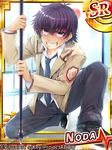  angel_beats! grin halberd male_focus noda_(angel_beats!) polearm purple_eyes purple_hair remotaro school_uniform shinda_sekai_sensen_uniform smile solo spear sweat weapon 