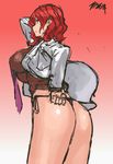  ass from_behind highres horikawa_raiko impossible_clothes impossible_shirt labcoat nameo_(judgemasterkou) necktie no_pants panties plaid plaid_shirt red_eyes red_hair shirt short_hair side-tie_panties smile solo thong touhou underwear 