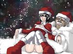  1boy 1girl artist_request black_hair boots breasts christmas cleavage drooling hashimoto_(soukidann2010) mustache open_mouth openmouth original panties red_eyes saliva santa_claus santa_costume santa_hat santa_suit snot snow underwear white_hair 