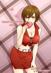  belt blush box breasts brown_hair cleavage crop_top gift hamura_mayu hand_on_thigh heart heart-shaped_box large_breasts looking_at_viewer meiko midriff miniskirt nail_polish navel short_hair skirt solo valentine vocaloid yellow_eyes 
