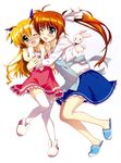  ;d absurdres animal_slippers bunny_slippers cheek-to-cheek fujima_takuya full_body heterochromia highres hug lyrical_nanoha mahou_shoujo_lyrical_nanoha_vivid multiple_girls one_eye_closed open_mouth sacred_heart scan side_ponytail slippers smile takamachi_nanoha thighhighs vivio white_legwear 