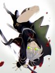  armor blood cape cuts glowing glowing_eyes green_eyes holding holding_sword holding_weapon hotarumaru injury japanese_armor male_focus military military_uniform ootachi open_mouth rokumitsu scar shorts shoulder_armor silver_hair sode solo sword touken_ranbu uniform upside-down weapon 