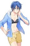  bikini black_bikini blue_hair breasts cleavage collarbone gekkan_shoujo_nozaki-kun green_eyes jacket kashima_yuu open_clothes open_jacket short_hair shorts small_breasts solo swimsuit warable white_background 