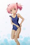  :o adjusting_clothes adjusting_swimsuit barefoot flying_sweatdrops highres kaname_madoka kinfuji mahou_shoujo_madoka_magica one-piece_swimsuit one-piece_tan pink_eyes pink_hair school_swimsuit short_hair solo strap_slip swimsuit tan tanline twintails 