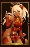  :p animal_ears bell bell_collar blush breasts cat_ears cat_tail cleavage collar dark_skin detached_sleeves dice ecaflip highres large_breasts long_hair looking_at_viewer no_bra no_panties orange_eyes ponytail ricegnat smile solo tail tongue tongue_out wakfu 