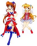  absurdres blonde_hair blue_eyes blush brown_hair fujima_takuya full_body happy highres long_hair lyrical_nanoha mahou_shoujo_lyrical_nanoha_vivid multiple_girls one_eye_closed red_eyes sacred_heart scan side_ponytail takamachi_nanoha twintails very_long_hair vivio wings 