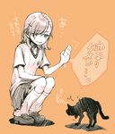  cat hand_up hinato misaka_mikoto monochrome school_uniform short_hair squatting to_aru_kagaku_no_railgun to_aru_kagaku_no_railgun_s to_aru_majutsu_no_index translated 