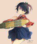  alternate_hair_length alternate_hairstyle blue_eyes blue_hair blue_hakama flight_deck from_side hakama highres houshou_(kantai_collection) japanese_clothes kantai_collection kimono looking_at_viewer miniskirt ponytail short_hair short_ponytail skirt smile solo tasuki tebi_(tbd11) 