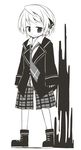  ankle_boots boots collared_shirt cosplay cosplay_request full_body greyscale hair_ribbon jacket jagabutter looking_down monochrome necktie plaid plaid_shorts ribbon rumia shirt short_hair shorts simple_background sleeves_past_wrists solo somber standing suit_jacket touhou white_background 
