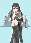  absurdres asymmetrical_legwear black_footwear black_gloves black_legwear black_skirt boots chikuma_(kantai_collection) crossed_legs gloves hand_on_own_cheek highres kantai_collection knee_boots long_hair looking_at_viewer mecha_musume pelvic_curtain remodel_(kantai_collection) ribbon sakura_sora side_slit single_glove single_thighhigh sitting skirt skirt_set smile solo thighhighs 