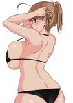  ass bikini black_bikini blue_eyes breast_press breasts brown_hair butt_crack huge_breasts komusou_(jinrikisha) ooba_minori original sideboob simple_background skindentation solo swimsuit white_background 