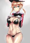  bikini bikini_under_clothes black_bikini blonde_hair blue_eyes breast_suppress breasts gloves hat highres kantai_collection large_breasts long_sleeves looking_at_viewer navel no_pants prinz_eugen_(kantai_collection) rinaka_moruchi shirt_lift smile solo swimsuit swimsuit_under_clothes twintails white_gloves 