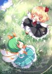 &gt;_&lt; 3girls :d ^_^ bad_id bad_pixiv_id blurry blush bow chibi cirno closed_eyes daiyousei dated depth_of_field dress fairy_wings fang field grass hair_bow hair_ribbon head_out_of_frame laughing mikazuki_sara multiple_girls open_mouth outstretched_arms ribbon rumia side_ponytail signature skirt skirt_set smile touhou vest wings xd 