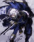  armor black_gloves c_(rahit) earrings gloves japanese_armor jewelry katana looking_at_viewer male_focus mask menpoo military military_uniform nakigitsune reverse_grip silver_hair sketch solo sword touken_ranbu uniform weapon white_hair yellow_eyes 