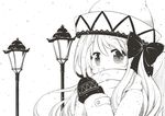  bow breath coat greyscale hair_bow hands_together hat jagabutter lamppost lily_white long_hair mittens monochrome scarf snowing solo steam touhou winter_clothes 