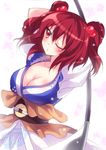  2015 arms_up bad_id bad_pixiv_id blush breasts bug butterfly cleavage coin collarbone dated hair_bobbles hair_ornament insect japanese_clothes kimono large_breasts looking_at_viewer mikazuki_sara obi one_eye_closed onozuka_komachi pout puffy_short_sleeves puffy_sleeves red_eyes red_hair sash scythe short_sleeves signature solo touhou two_side_up 
